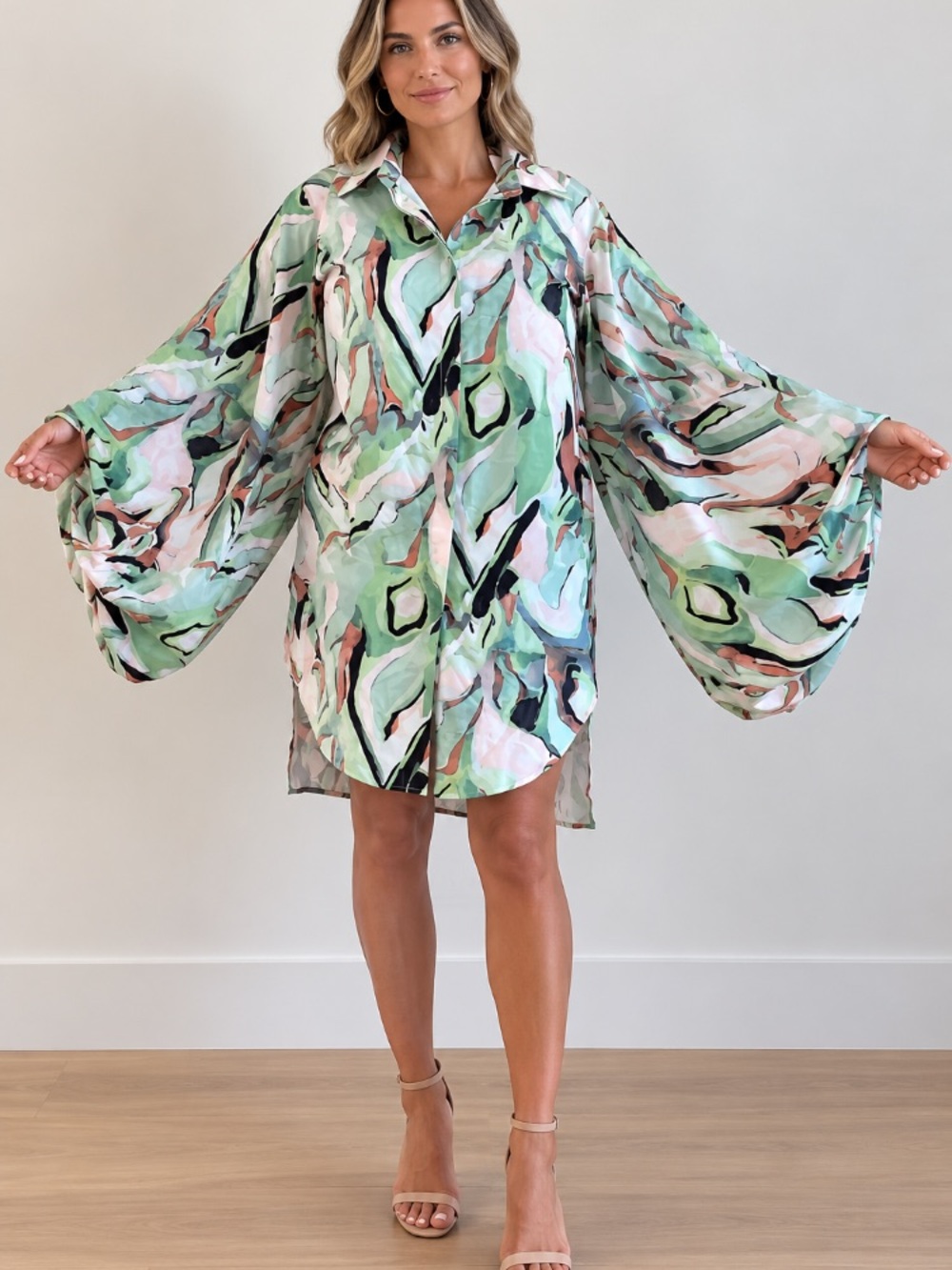 🔥 NWT OSHOPLIVE button down ballon long sleeve water color art print dress
